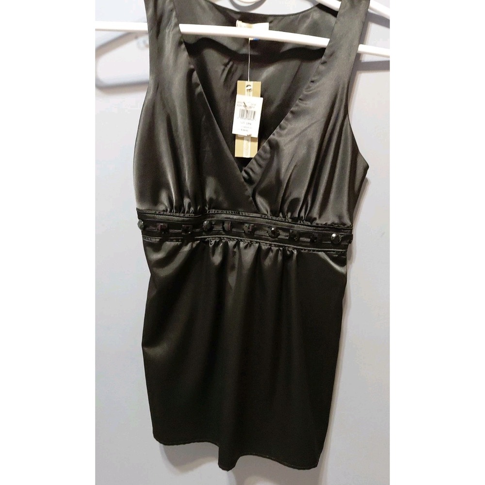 New Matty M Mini Dress L Black Shiny Gemstones Going Out Club Wear Sexy Low Cut